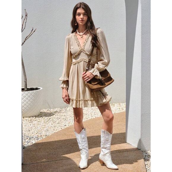 SHEIN Casual Vcay Frill Trim Flare Sleeve Ruffle Hem Dress Army Green Large Boho - Picture 14 of 15